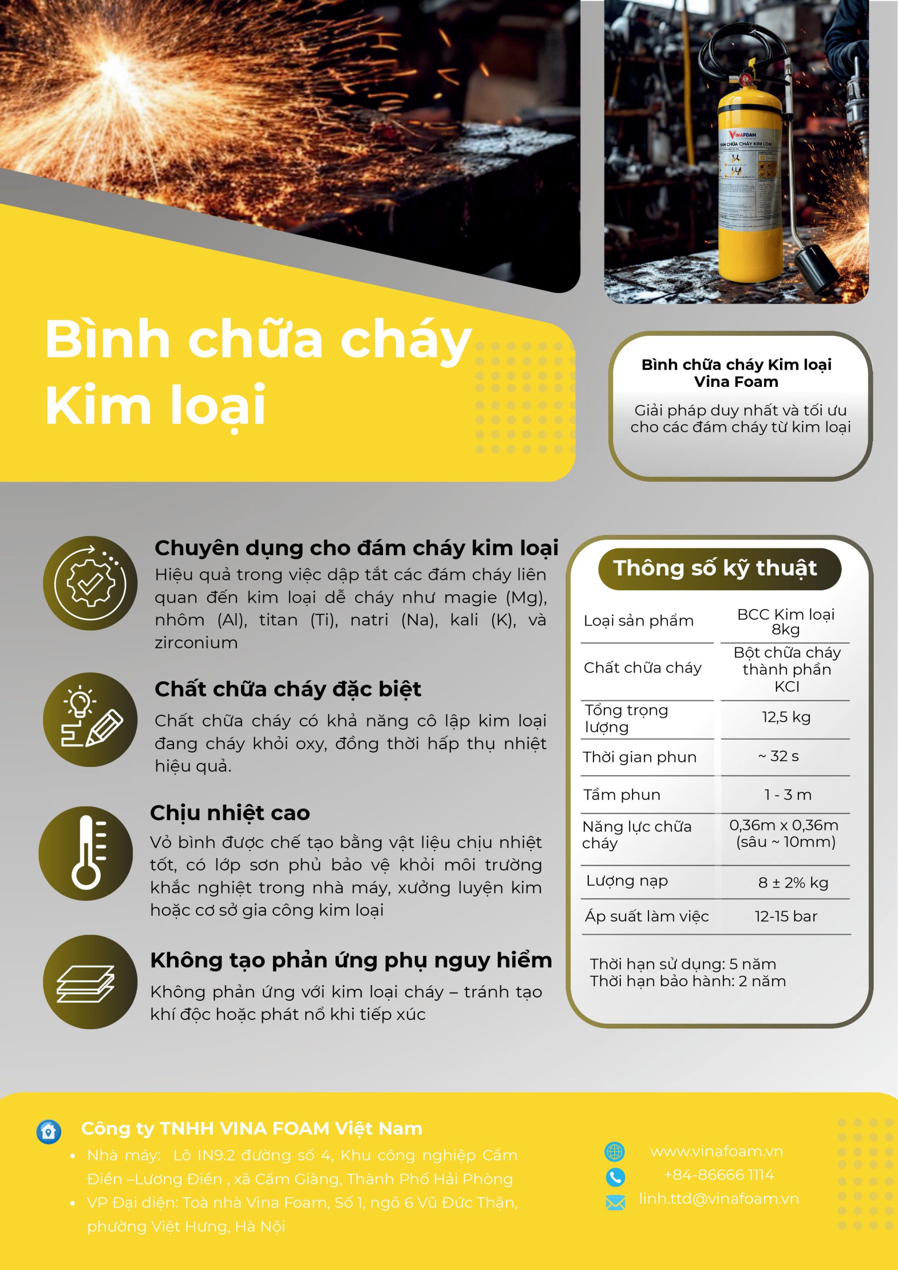 Bình chữa cháy loại D kim loại Vinafoam 8kg KCl Bình chữa cháy loại D kim loại Vinafoam 8kg KCl kỹ thuật